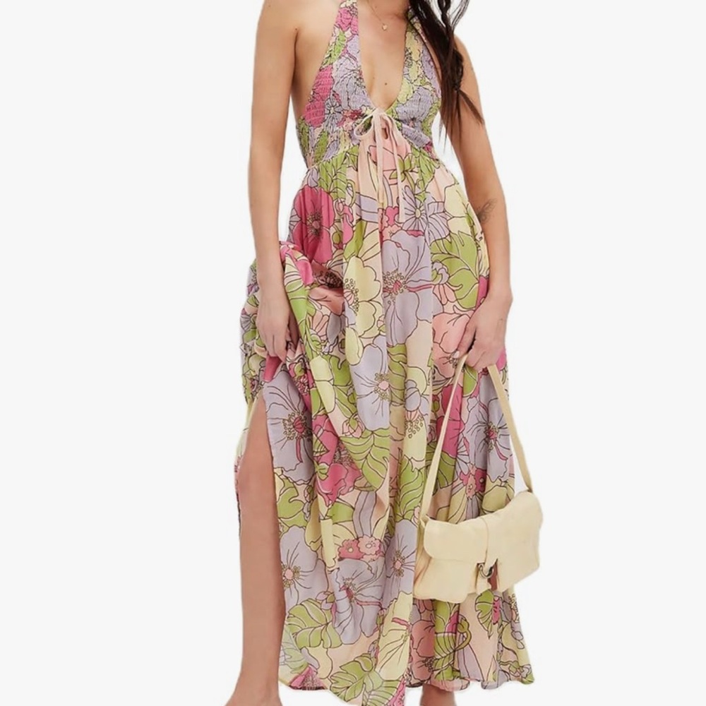 Floral Halter Maxi Dress Dress Sexy Sleeveless A-Line Long Flowy halter Sundress